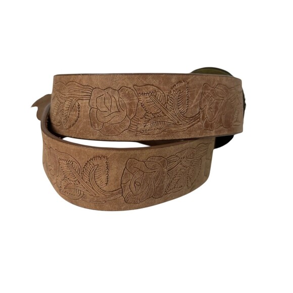 Express Brown Floral Tooled Leather Belt w Stone & Rock Buckle  Size S  Artisan - Picture 6 of 14